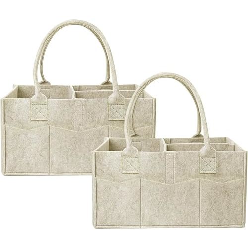 2 Pack Baby Diaper Organizer Bags, Portable Diaper Storage with Dividers, Foldable Nursery Storage Baskets, Newborn Essentials, Baby Shower Gifts (Oatmeal)