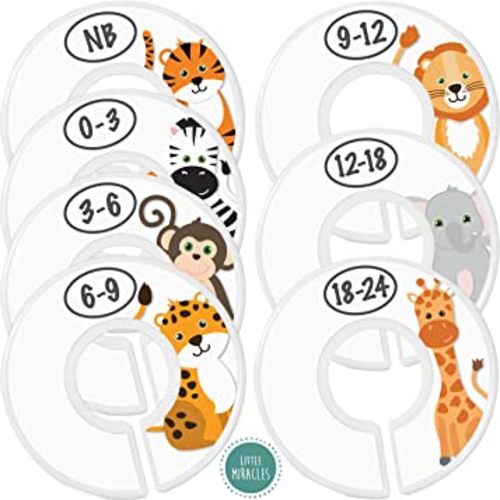 Baby Closet Size Dividers - 7X Safari Nursery Closet Dividers for Baby Clothes - Elephant Giraffe Zebra Lion Monkey Cheetah Nursery Decor - Baby Closet Dividers for Boy or Girl - [Safari] [White]