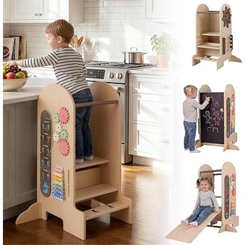 HONEY JOY Toddler Tower, 4 in 1 Kitchen Stool Helper with Adjustable Heights, Anti-Slip Feet, Chalkboard, Kids Learning Standing Tower with Montessori Activity Games, Wood