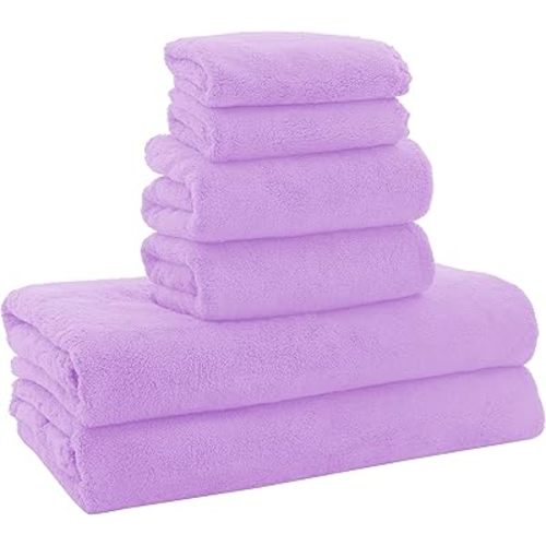 MOONQUEEN Ultra Soft Towel Set-Quick Drying - 2 Bath Towels 2 Hand Towels 2 Washcloths-Microfiber Coral Velvet Highly Absorbent Towel for Bath Fitness,Bathroom,Sports,Yoga, Travel(Purple, 6 Pcs)