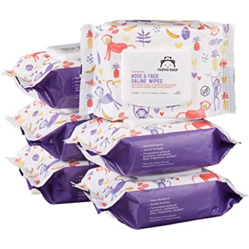 Amazon Brand - Mama Bear Saline Nose and Face Baby Wipes, Hypoallergenic, Unscented, 180 Count (6 Packs of 30)