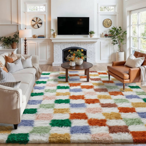 Celi Modern Checkered Shag Area Rug With Non-Slip Backing
