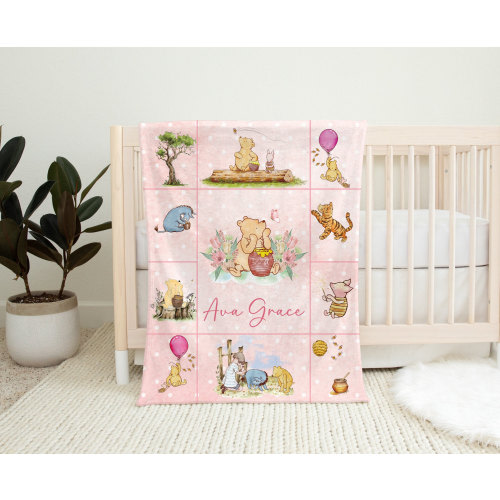 Pink Winnie Baby Blanket, Personalized Name Blanket, Winnie Nursery, Birthday Girl Blanket, Keepsake Blanket, Toddler Name Blanket, Plush B6