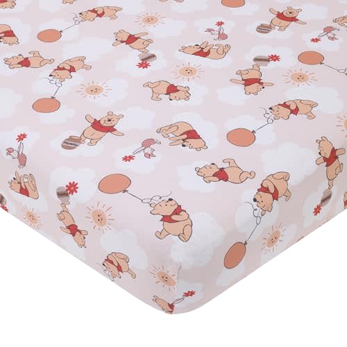 NoJo Disney Winnie The Pooh Tan, Red, and White Piglet, Balloons, and Hunny Pots Super Soft Nursery Fitted Crib Sheet