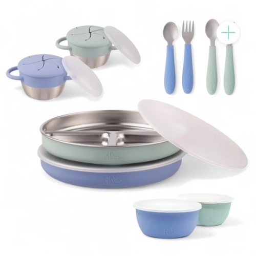 Stainless Steel Mealtime Bundle | Plates, Bowls, Snack Cups + Toddler Utensils | Normal Sleeves | Sage/MistyBlue