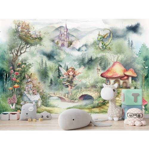 Fairytale Children's World Wallpaper & Castle Kids Cute Fairy Princess Fantastic Dragons Room Decor Wall Art Mural Peel and Stick Watercolor