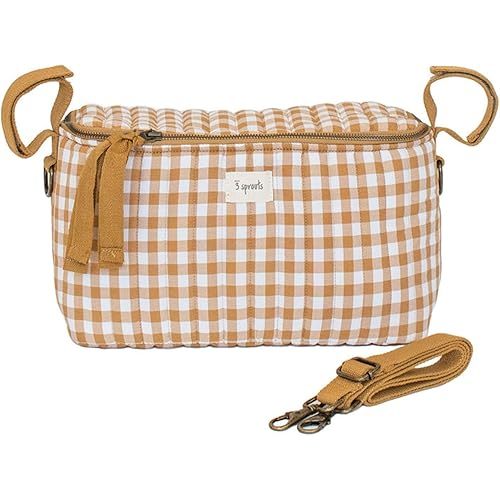 3 Sprouts Universal Quilted Stroller Organizer with Cup Holder and Zip Top - Durable Stroller Caddy Accessory with Storage - Shoulder Strap Converts Organizer to Small Diaper Bag - Gingham Mustard
