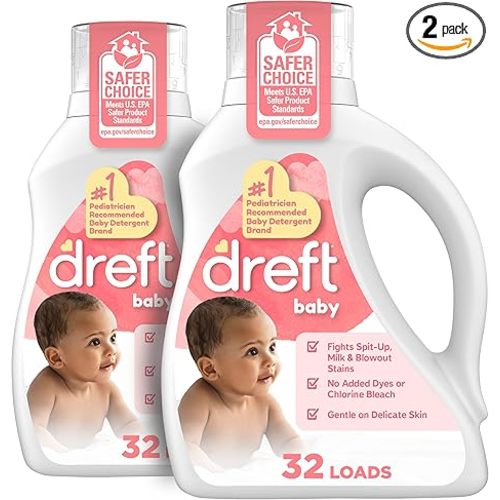Dreft Baby Liquid Laundry Detergent, Gentle on Sensitive Skin Laundry Soap, 42 fl oz, 32 Loads, Pack of 2 (Packaging May Vary)