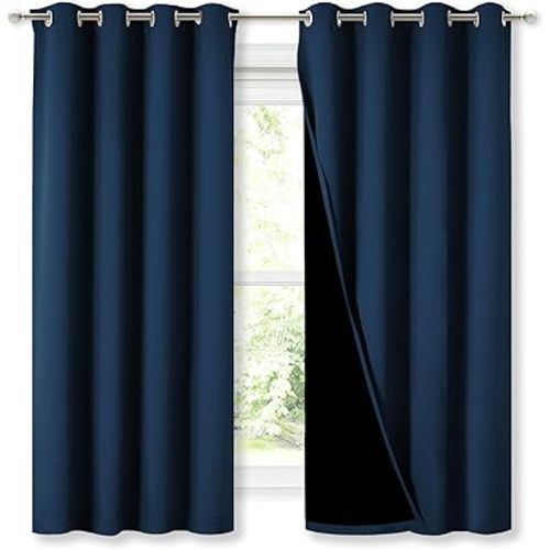 NICETOWN 100% Blackout Curtains with Black Liners, Thermal Insulated Full Blackout 2-Layer Lined Drapes, Energy Efficiency Window Draperies for Bedroom (Moroccan Blue, 2 Panels, 52" W by 63" L)