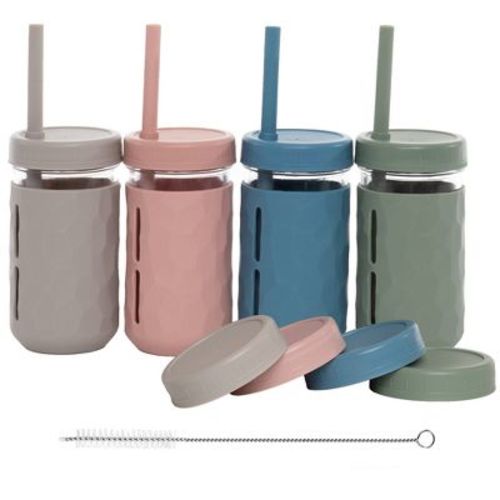 WeeSprout Glass Cups with Lids & Straws, Spill-Resistant Cups - 8 oz, Set of 4 (Matte Green, Pink, Blue and Light Grey)