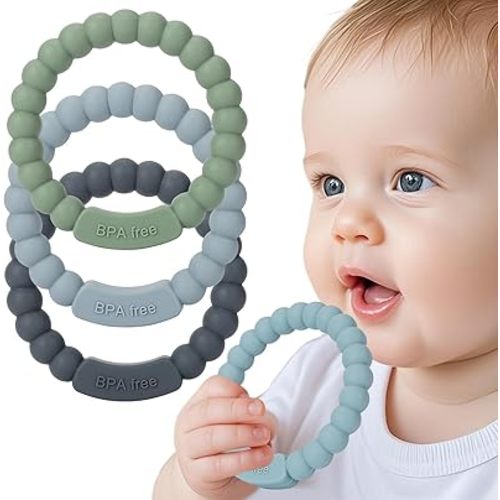 3Pack Baby Teether Toys- 100% Food-Grade Silicone Teething Ring Toys for 0-3,3-6 Months- One-Piece Soft Beaded Teethers Ring for Baby Teething Relief 6-12, 12-18 Months | Easy to Grip Toy