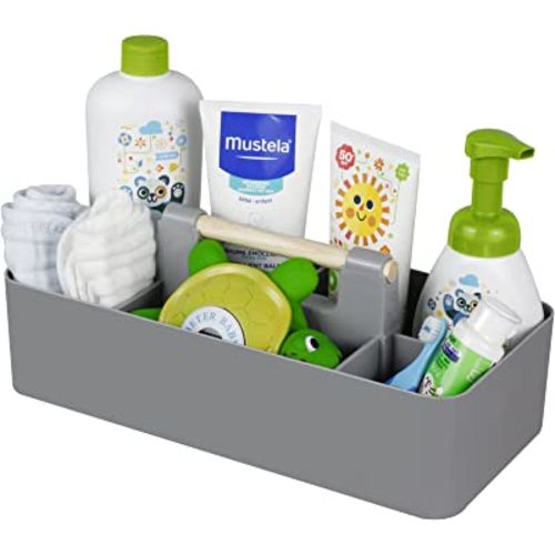 Baby Shower Caddy Plastic Nursery Portable Storage Organizer Caddy Tote for Child/Kids, Divided Basket Bin with Wood Handle for Bathroom, Dorm Room, Holdsn Bottles, Spoons, Gray