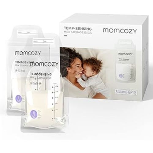 Momcozy Breastmilk Storage Bags 120PCS, Temp-Sensing Discoloration Milk Storing Bags for Breastfeeding, Disposable Milk Storage Bag with 6 Ounce Self Standing, No-Leak Milk Freezer Storage Pouches