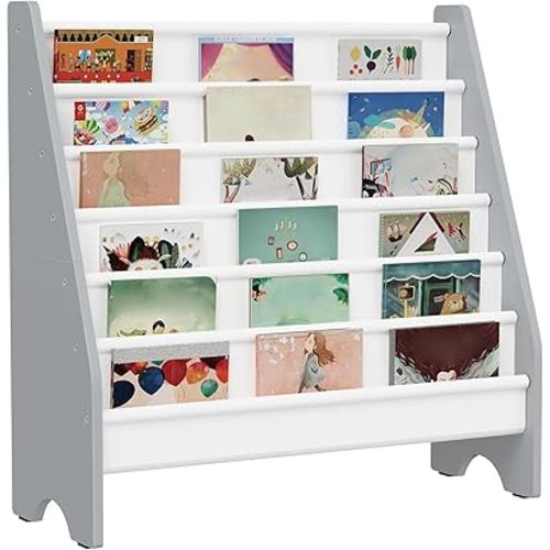 6-Tier Kids Bookshelf, Kids Sling Bookcase, Magazine and Book Storage Rack, Large Capacity Book Organizer, Book Shelf for Kids Room, Bedroom, Nursery, Playroom, White and Gray MCW07WG