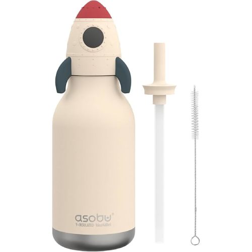 asobu Bestie Bottle Insulated Stainless Steel Water Bottle with Detachable Soft Animal Head Fun Drinking For Kids and Teens with Flexible Reusable Straw 16 Ounce (Rocket Checker)