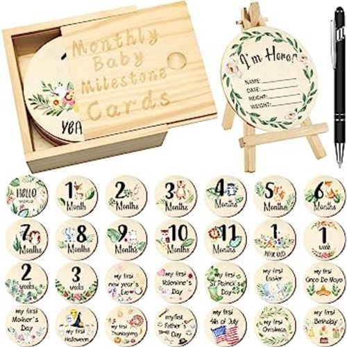 31 Pcs Wooden Baby Monthly Milestone Cards Double Sided Hello World Milestone Discs Pregnancy Journey Birth Announcement Sign Baby Boy and Girl Sets (Vivid)