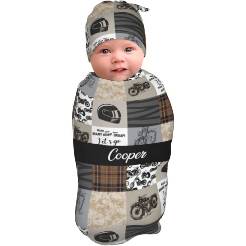 Custom Baby Swaddle Blanket for Boys Personalized Name Receiving Blankets with Hat Set for Newborn Infant Baby Gifts (Motorcycle)