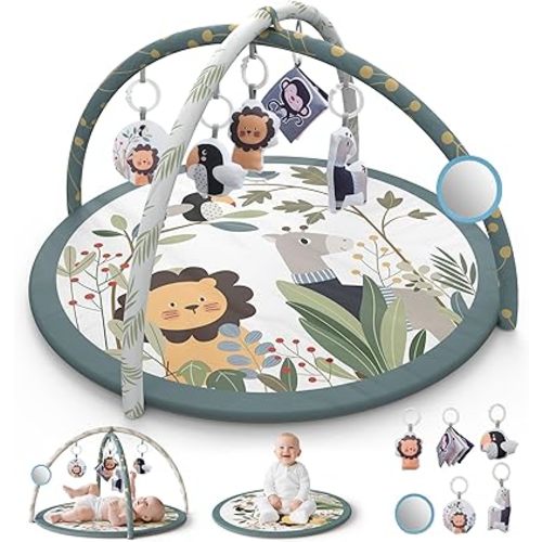 Baby Play Gym Mat, Baby Tummy Time Play Mat with 6 Detachable Sensory Toys for Baby Activity Gym, Newborn Play Mat for Sensory Development and Motor Skills, Baby Essentials