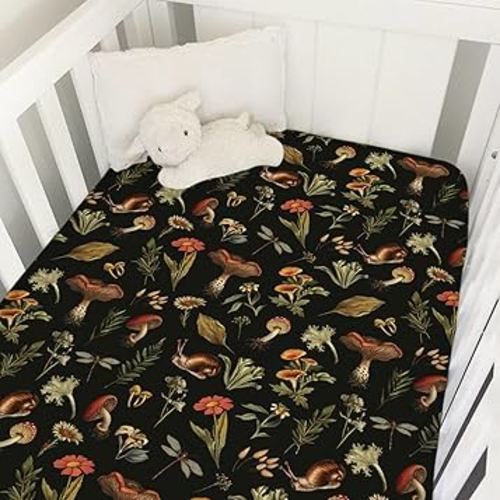 Vintage Mushroom Forest Baby Crib Sheet 52''x28'' Retro Mushrooms Snail Flowers Leaves Snug Fitted Crib Mattress Cover for Boy Girl Autumn Fall Soft Baby Bed Sheets for Standard Crib Toddler Mattress