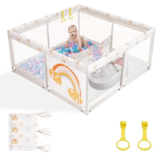 Baby Playpen 59”X59” Large Play Pen for Toddlers 0-3, Safety Play Yard for Babies and Toddlers, Innovative Partitioning Design, All-Wrapped Soft Foam Baby Gate Playpen with 2 Pull Rings