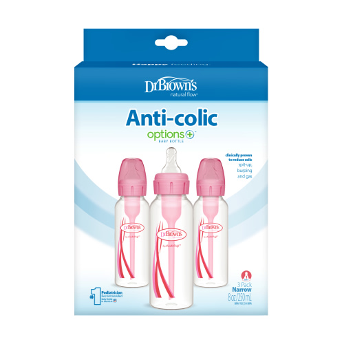 Dr. Brown's Anti-Colic Options+ Narrow Baby Bottle, 8oz, Pink, 3 Pack, Clinically Proven, BPA Free
