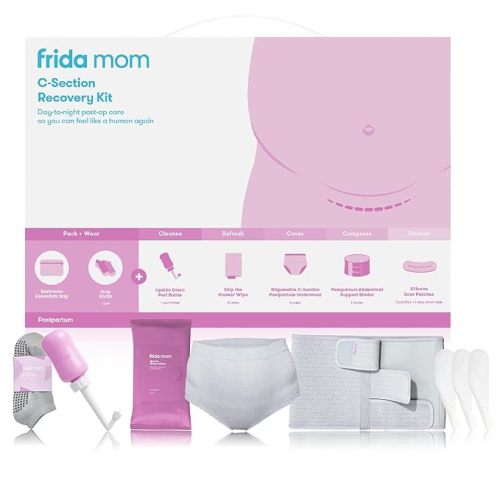 Frida Mom C-Section Recovery Must Have Kit for Labor, Delivery, & Postpartum, Socks, Peri Bottle, Disposable Underwear, Abdominal Support Binder, Shower Wipes, Silicone Scar Patches, & Toiletry Bag - C-Section Recovery Kit