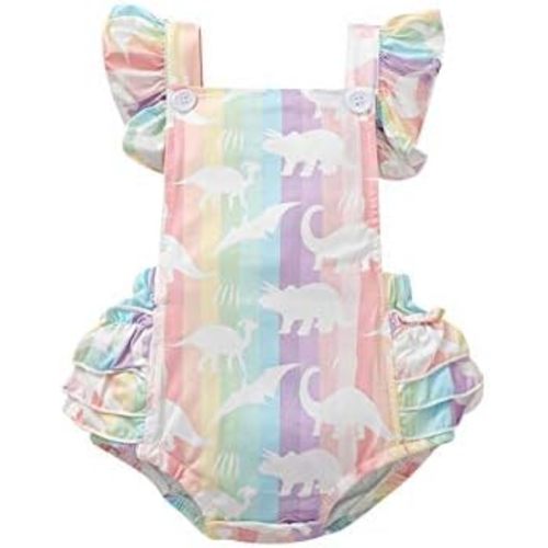 Hnyenmcko Newborn Baby Girl Clothes Rainbow Romper Ruffled Sleeveless Dinosaur Jumpsuit Bodysuit Infant Summer Outfit