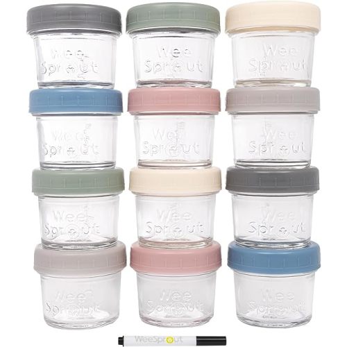 WeeSprout Glass Baby Food Storage Jars w/Lids (4 oz, 12 Pack Set) Snack, Puree, Reusable Small Containers, Breast Milk, Fridge or Freezer, Microwave & Dishwasher Safe, Essential Must Have for Infants - Matte Variety - 4 oz (Plastic Lids + Embossed Glass)