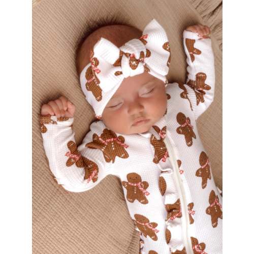 Organic Waffle Ruffle Zip Footie, Gingerbread Man