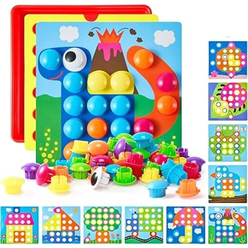 Geekper 68PCS Button Art Toys for Toddlers Color Matching Mosaic Pegboard, Early Learning Educational Toys for 3, 4, 5, 6 Year Old Kids Boys and Girls, 10 Pictures and 58 Buttons