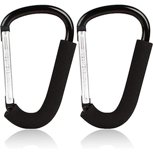 Stroller Hooks Carabiner Clip with Sponge - D Shape Large Buggy Pram Pushchair Stroller Clip Multi Purpose Snap Accessories Bag Holder Hook for Mommy Walking or Shopping 16cm(6.3") Black - 2Pcs
