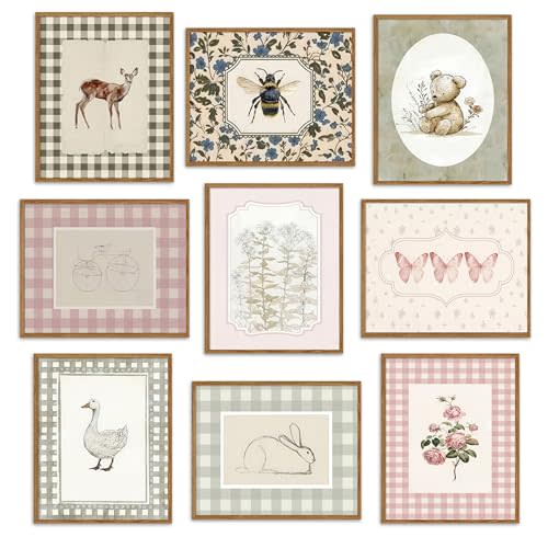 WIARTSH Vintage Nursery Animal Wall Art Set of 9 – Cute Forest Rabbit Deer Bee Canvas Prints Poster, Rustic Cottage Farm Wall Decor for Baby Kids Bedroom Playroom, 8x10 inch Unframed