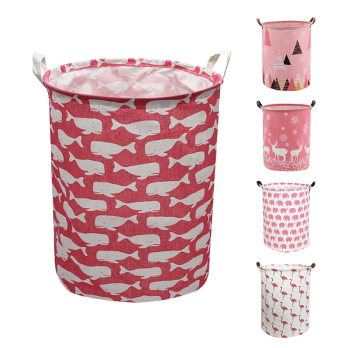 Laundry Basket, Collapsible Large Laundry Hamper Waterproof with Leather Handle, Dirty Clothes, Baby Kids Toy Storage Baskets Dorm, Pink Whale