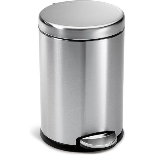 simplehuman Round Step Can, 4.5L / 1.2 Gallon Compact Bathroom Trash Can, 150,000-Step Pedal, Lid Shox® Silent Close, Removable Inner Bucket, Brushed Stainless Steel