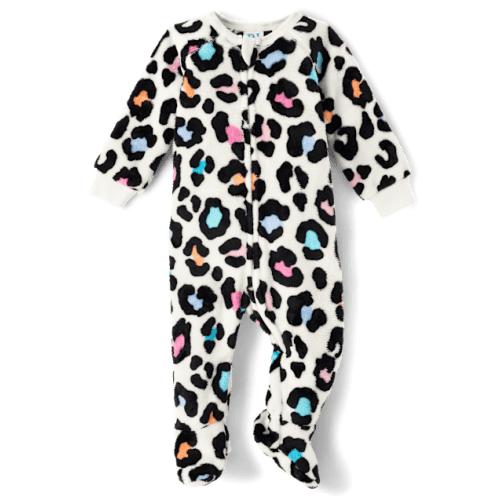 Baby And Toddler Girls Rainbow Leopard Fleece Footed One Piece Pajamas - White