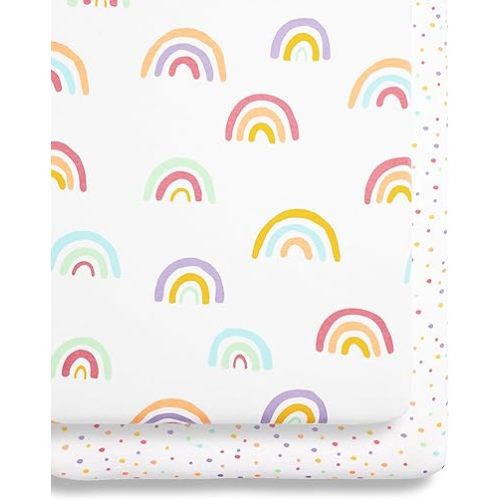 SnuzPod Fitted Sheets, Super Soft Cotton with Fun Designs for Boys and Girls, Light and Breathable, Long Lasting, Machine Washable (Pack of 2) (Rainbow)