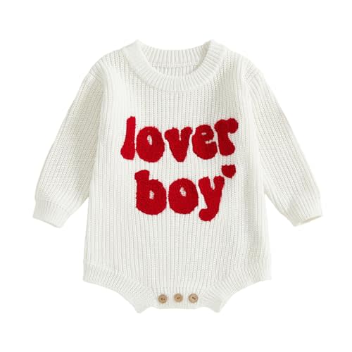 Lesimsam Newborn Baby Boy Girl Valentines Day Outfit Oversized Embroidery Long Sleeve Knit Sweater Bubble Romper Bodysuit
