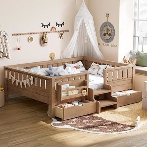 Bellemave Full Size Bed with Slats and Stairs, Full Size Platform Bed Frame with Fence, Bookshelf and Storage Drawers, Easy Assemble Beds for Kids, Girls, Boys, Natural