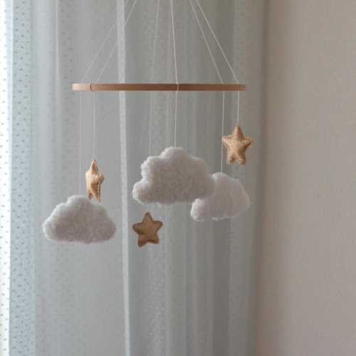 Boucle Baby Mobile with Clouds and Stars – Neutral Minimalist Crib Mobile , White Cloud Nursery Decor