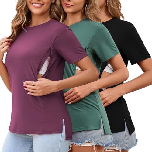 Liu & Qu Breastfeeding Shirts for Women 3 Pack Hidden Zipper Nursing Tops Side Split Postpartum Clothes