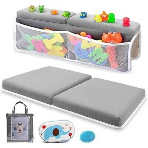 Bath Kneeler and Elbow Rest pad Set with Baby Bath Brush and Sponge, Thick Non-Slip Bath Kneeler Mat with Padded Cushion, Quick Drying, Arm Support, Perfect Kneeling pad for Bathing Baby