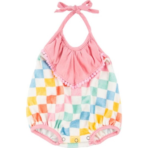 Star Check Print Cotton Terry Halter Bubble Romper