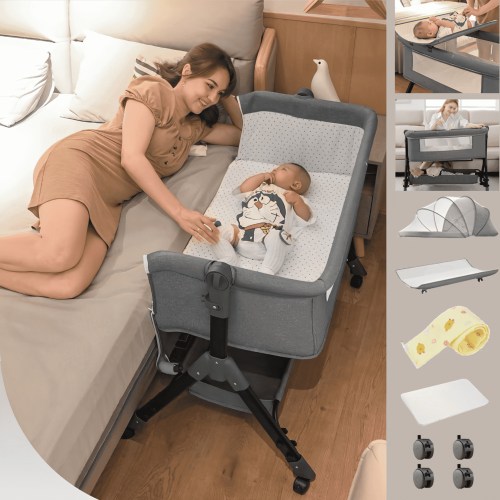 Baby Bassinet, Bedside Bassinet for Baby, 4 in 1 Portable Bedside Sleeper Rocking Crib with Wheels, Mosquito Net & Storage Basket, 6 Height Adjustable, Grey
