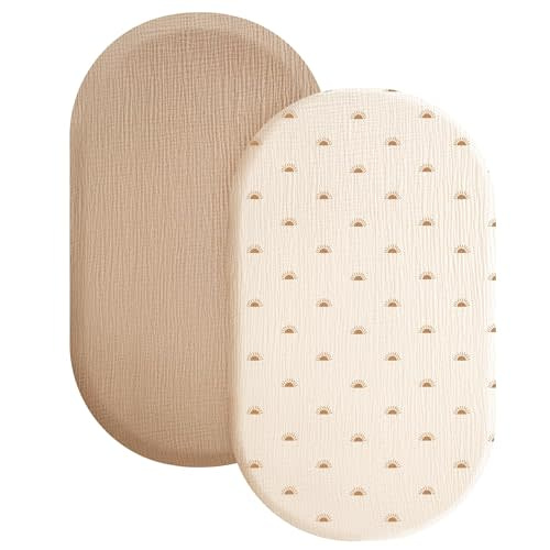 Konssy 2 Pack Soft Breathable Muslin Fitted Bassinet Sheets for Baby Girl Boy, Fit Oval Rectangle Cradle, Moses Basket Pad/Mattress (Camel, Sun)