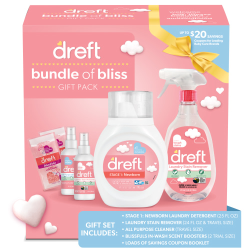 Dreft Bundle of Bliss Baby Gift Set with Laundry Detergent and Stain Remover, Infant Essentials, 16 Loads, 7 Pieces