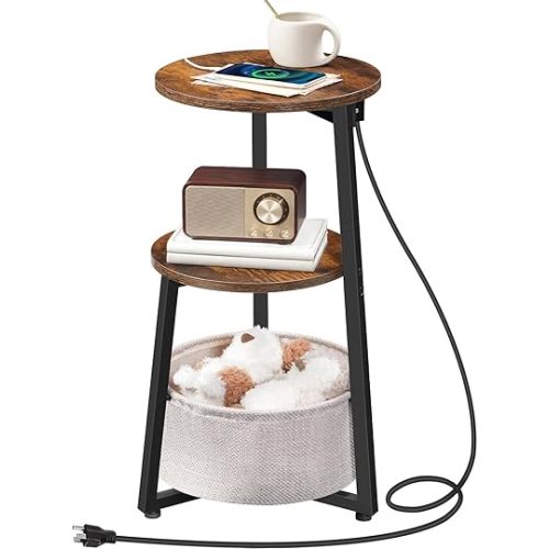 HOOBRO Small Round Side Table with Charging Station, Round End Accent Table with Storage Basket, Compact Sofa Bedside Table for Small Space in Living Room, Bedroom, Rustic Brown BF169UBZ01