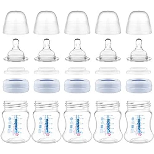 Maymom Wide-Mouth Milk Storage Feeding Collection Bottle with Nipple, Dome Cap, Bottle Top, SureSeal Sealing Disk; Compatible with Spectra Pump/Motif Luna; 5 pc (4.7Oz/140mL)