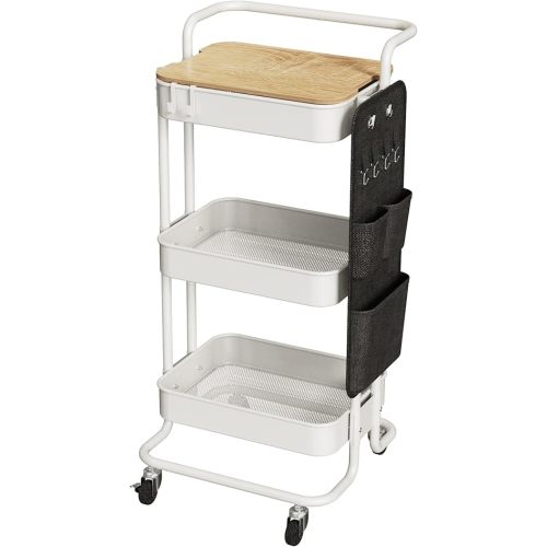 DTK 3 Tier Metal Utility Rolling Cart with Table Top and Side Bags, Metal Tray Storage Organizer Cart with Wheels, Art Craft Cart with 4 Hooks for Kitchen Bathroom Office Living Room (White)