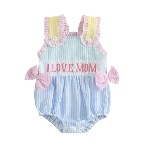 Tempura 0-3M Baby Girl Summer Romper 6M Infant Blue Bodysuit Bows Letter Embroidery Striped Sleeveless Infant Jumpsuit