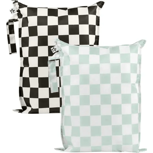 Tiny Twinkle Mess-Proof Waterproof Wet Dry Bag | 2-Pack Reusable Wet Bags for Swimsuits & Baby Clothes | Leakproof Wet Bag for Travel & Diaper Changes for Baby (Black, Green Checkers)
